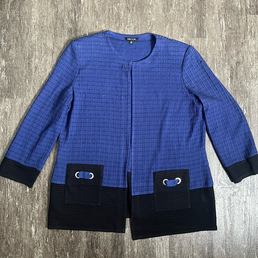 Misook Cardigan Sweater Blue & Black Women M Loop Pocket Detail Textured‎